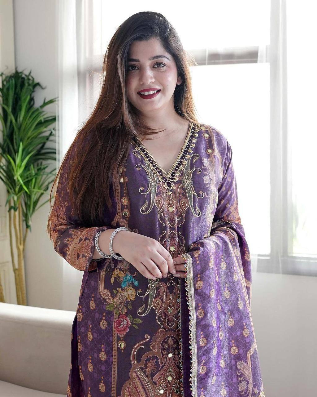 "Royal Purple Embroidered Suit Set with Mirror Work – Luxe Traditional Ensemble"