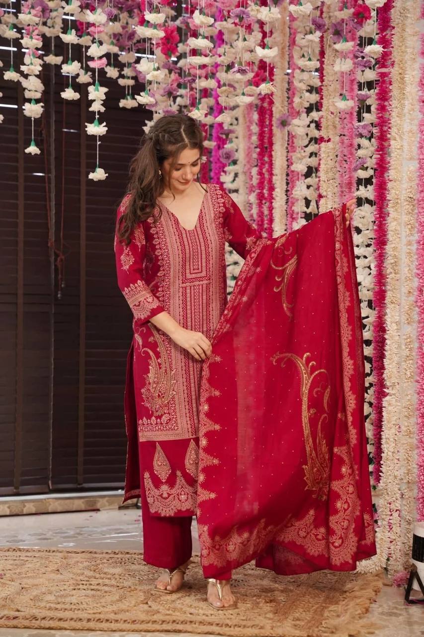 "Elegant Maroon Embroidered Lawn Suit – Festive Collection"