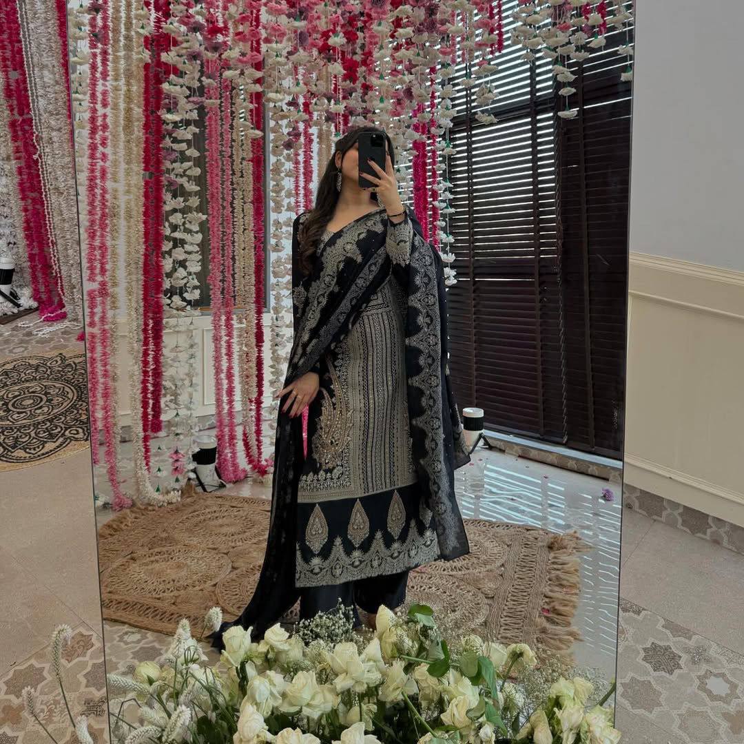 "Elegant Black Embroidered Lawn Suit – Festive Collection"