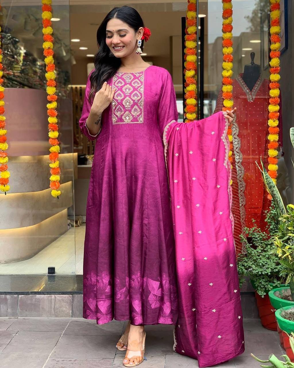 "Magenta Silk Blend Anarkali Suit with Embroidered Yoke & Dupatta"