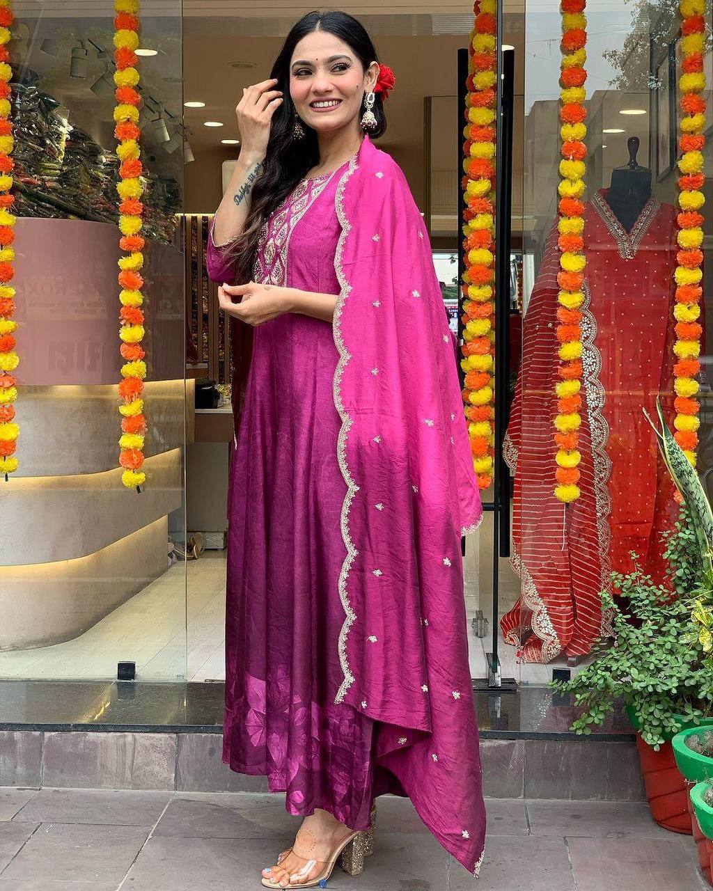 "Magenta Silk Blend Anarkali Suit with Embroidered Yoke & Dupatta"