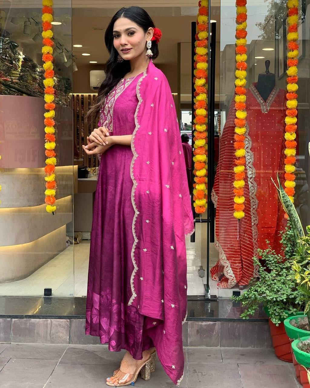 "Magenta Silk Blend Anarkali Suit with Embroidered Yoke & Dupatta"