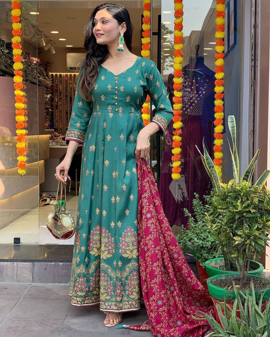 "Elegant Teal Anarkali Set with Embroidered Dupatta – Festive Wear Collection"