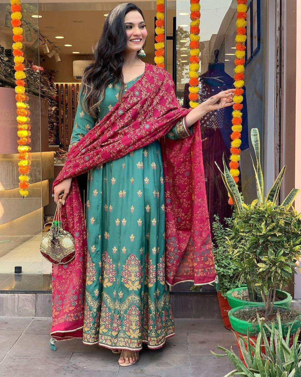 "Elegant Teal Anarkali Set with Embroidered Dupatta – Festive Wear Collection"