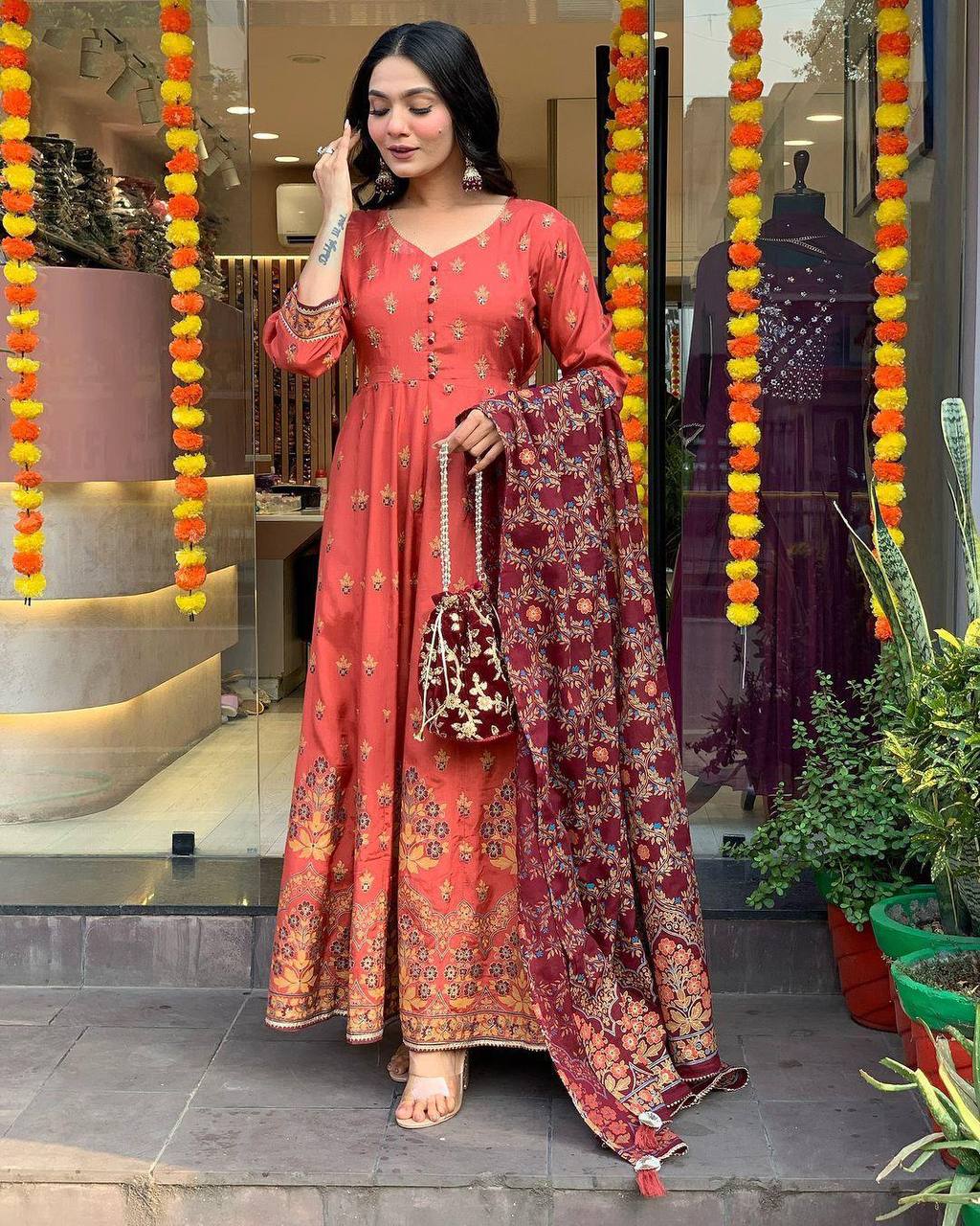 "Elegant Rust Anarkali Set with Maroon Dupatta & Potli Bag – Festive & Ethnic Wear"