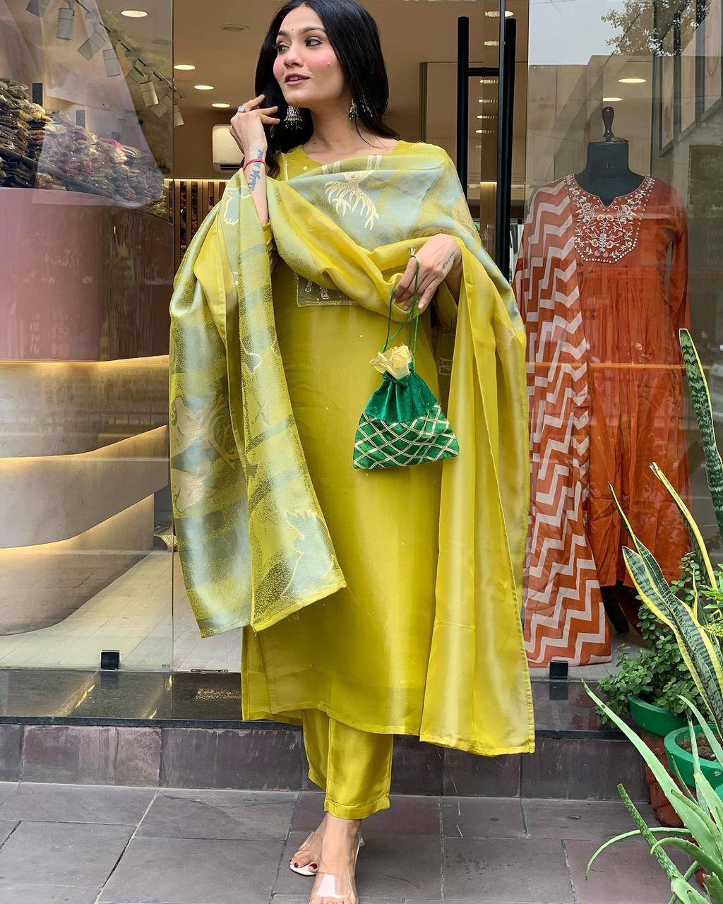 Elegant Yellow Kurta Set with Animal Print Dupatta