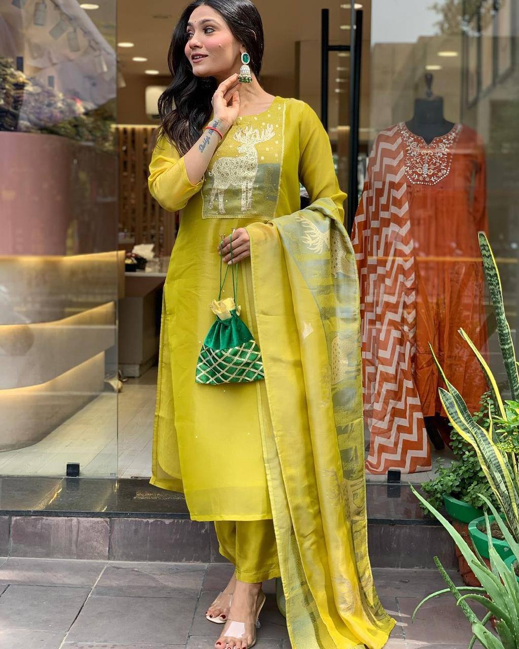 Elegant Yellow Kurta Set with Animal Print Dupatta