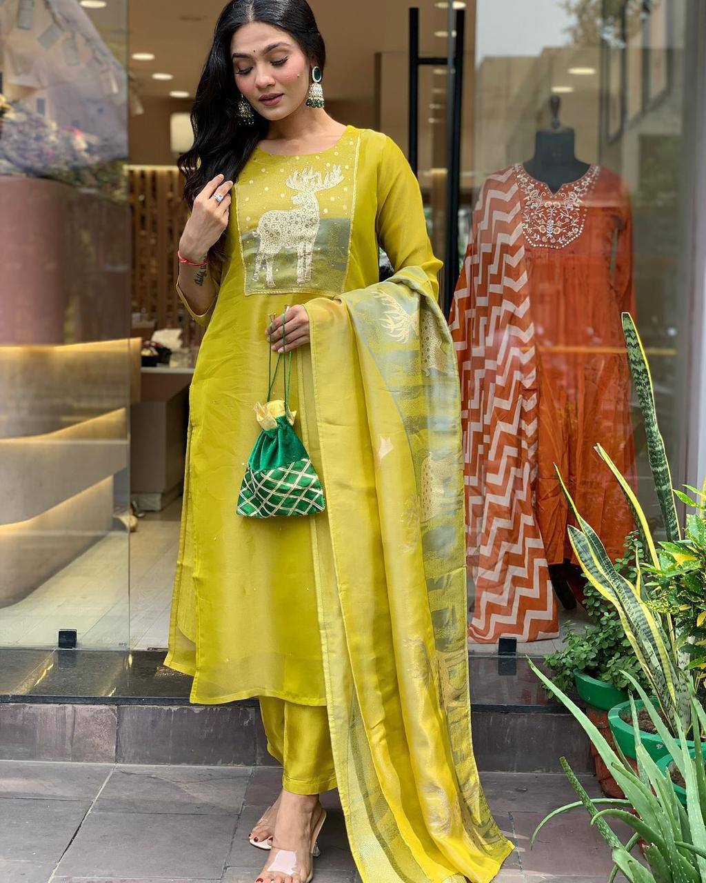 Elegant Yellow Kurta Set with Animal Print Dupatta
