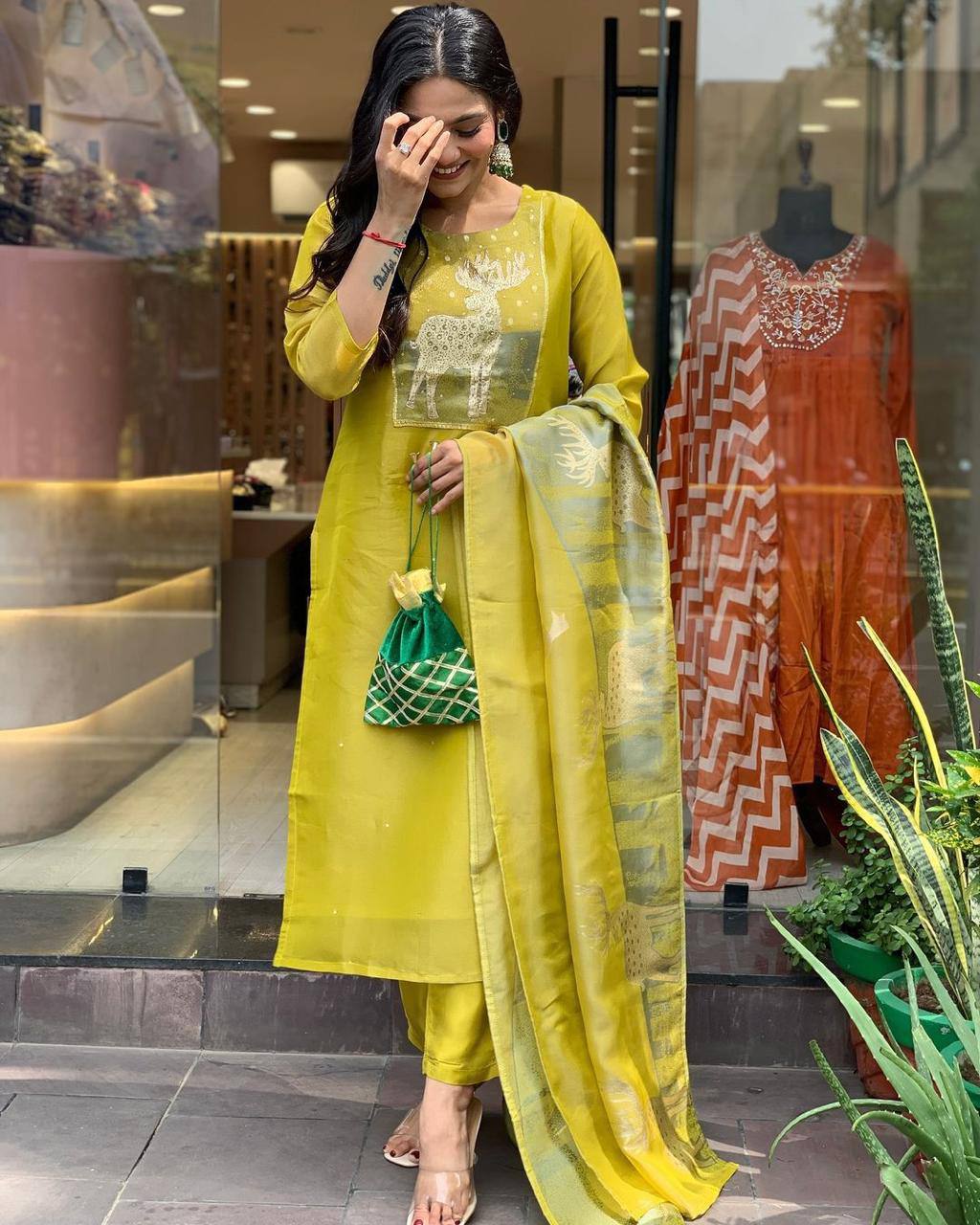 Elegant Yellow Kurta Set with Animal Print Dupatta