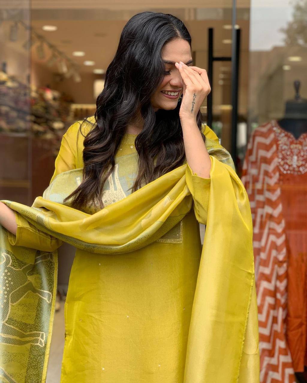 Elegant Yellow Kurta Set with Animal Print Dupatta