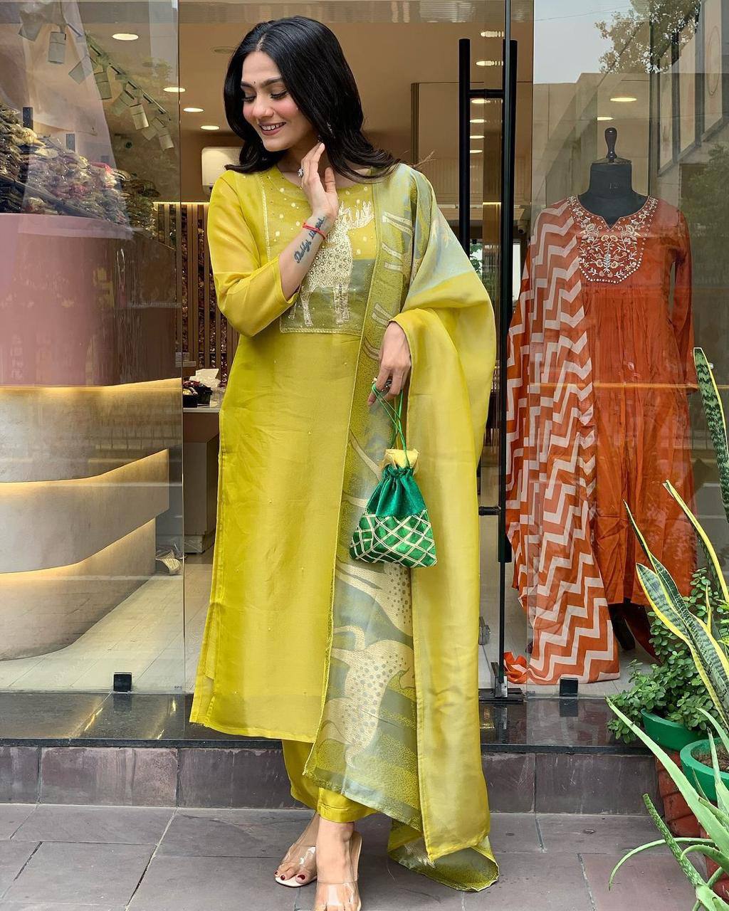 Elegant Yellow Kurta Set with Animal Print Dupatta