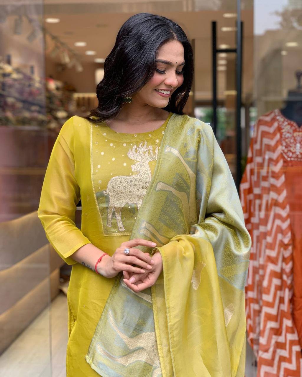 Elegant Yellow Kurta Set with Animal Print Dupatta