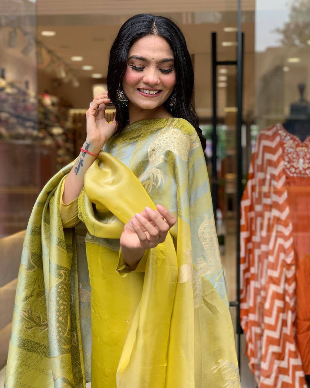 Elegant Yellow Kurta Set with Animal Print Dupatta