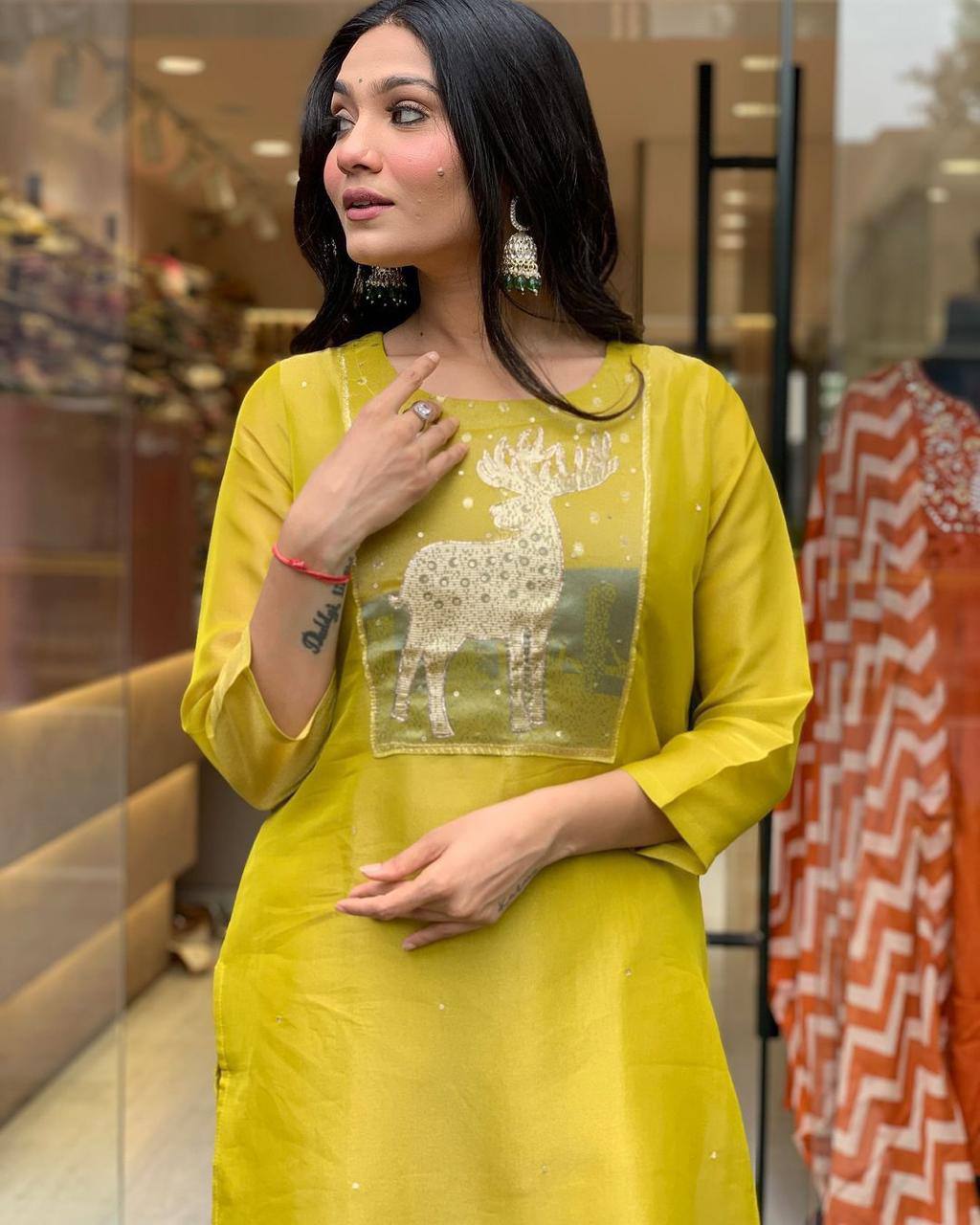 Elegant Yellow Kurta Set with Animal Print Dupatta