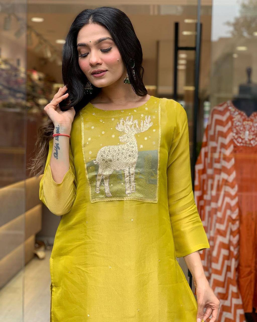 Elegant Yellow Kurta Set with Animal Print Dupatta
