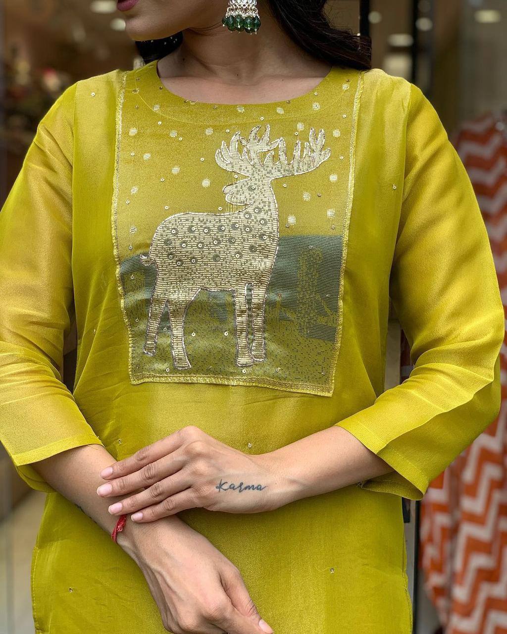 Elegant Yellow Kurta Set with Animal Print Dupatta