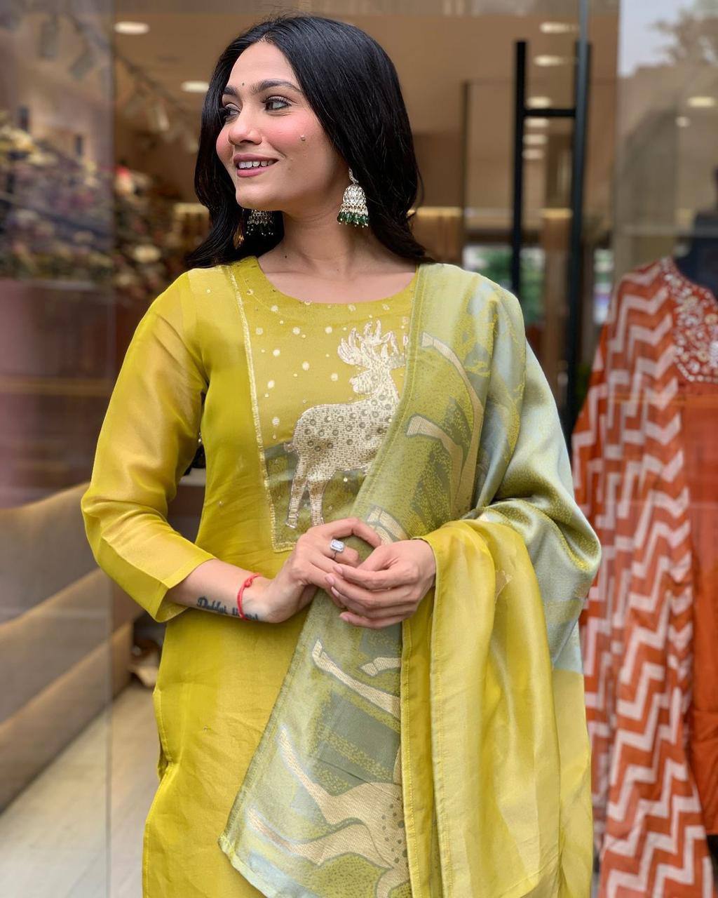 Elegant Yellow Kurta Set with Animal Print Dupatta
