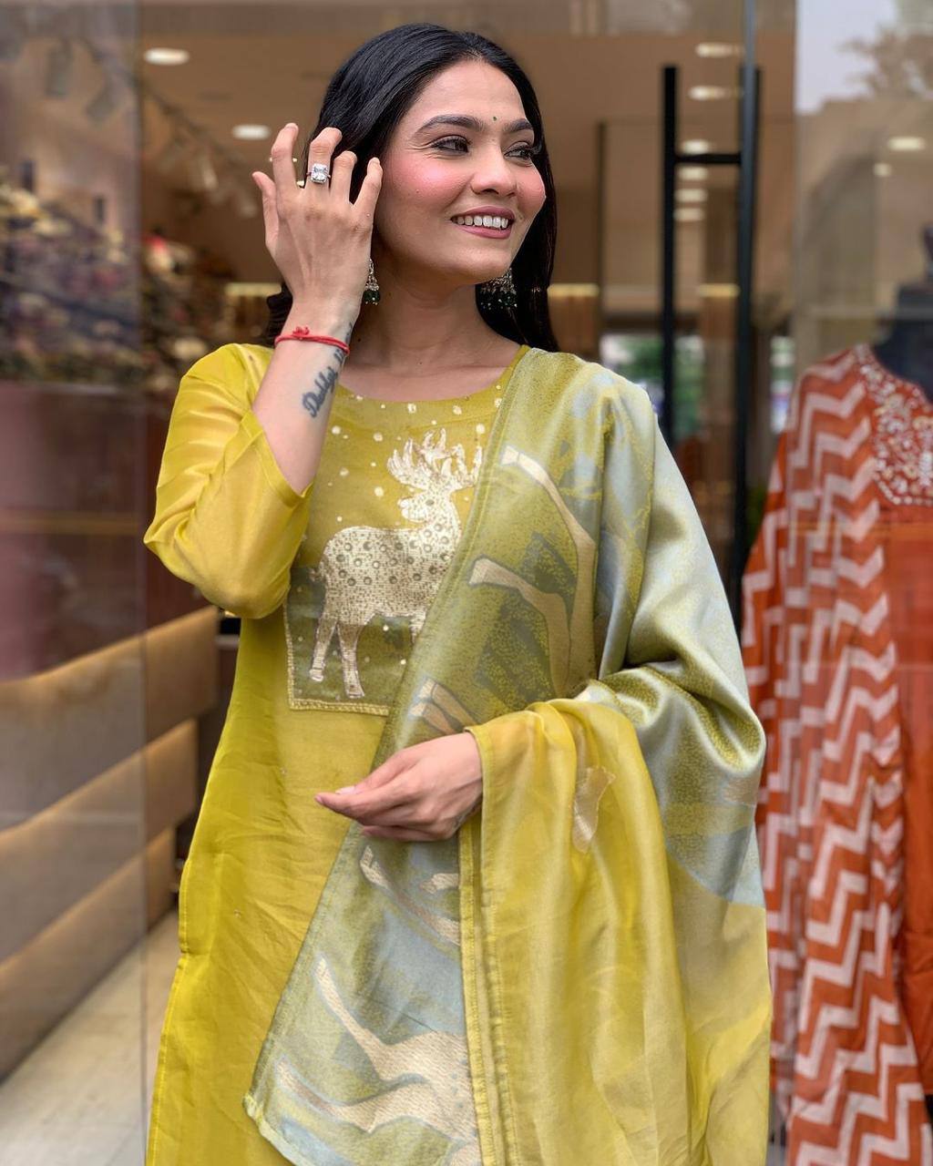 Elegant Yellow Kurta Set with Animal Print Dupatta