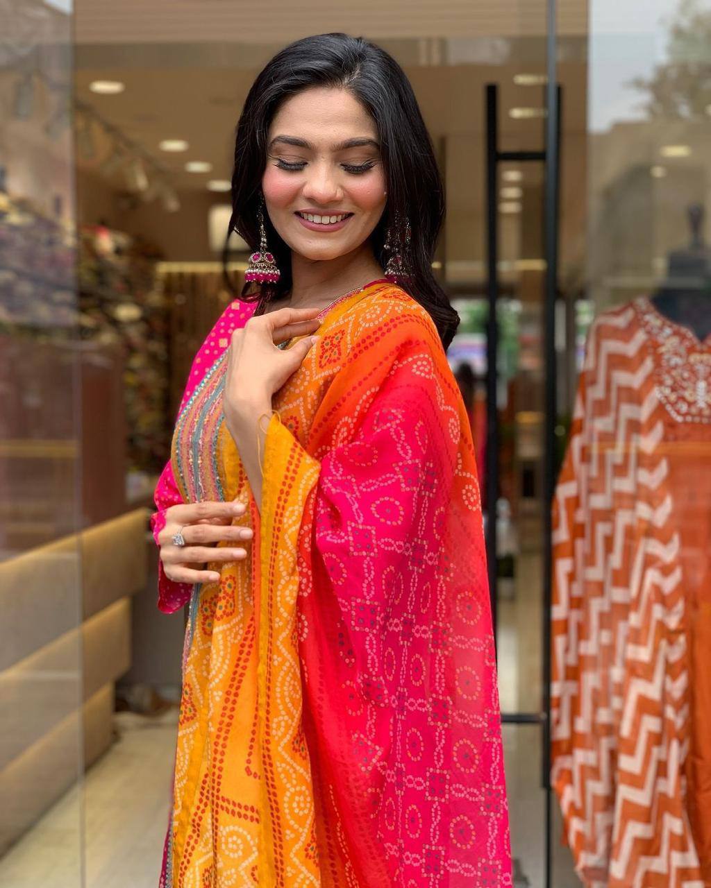 Elegant Pink & Orange Traditional Suit with Embroidery
