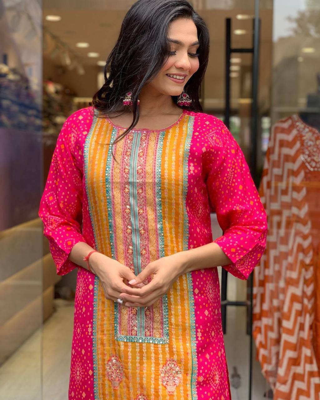 Elegant Pink & Orange Traditional Suit with Embroidery