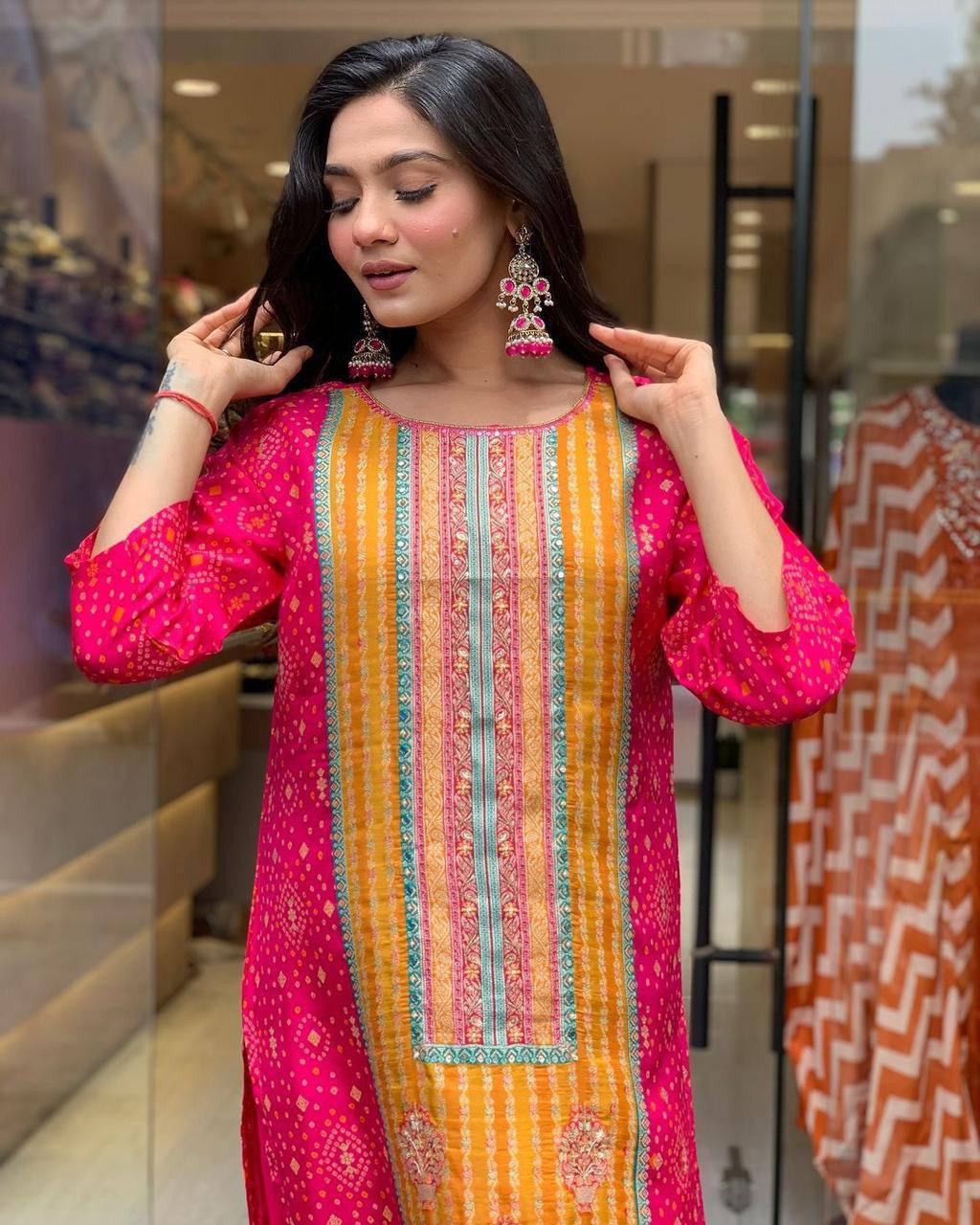 Elegant Pink & Orange Traditional Suit with Embroidery