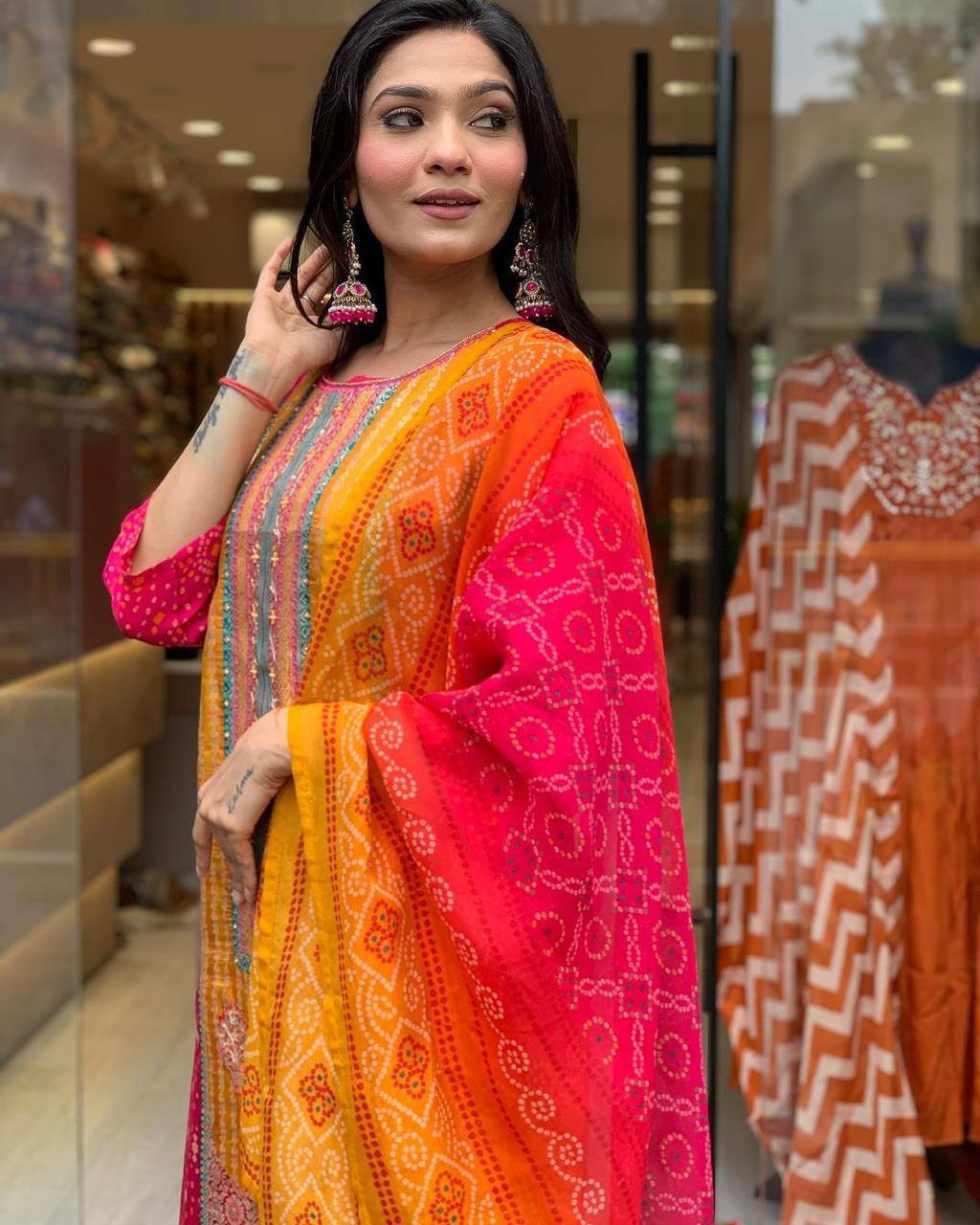 Elegant Pink & Orange Traditional Suit with Embroidery