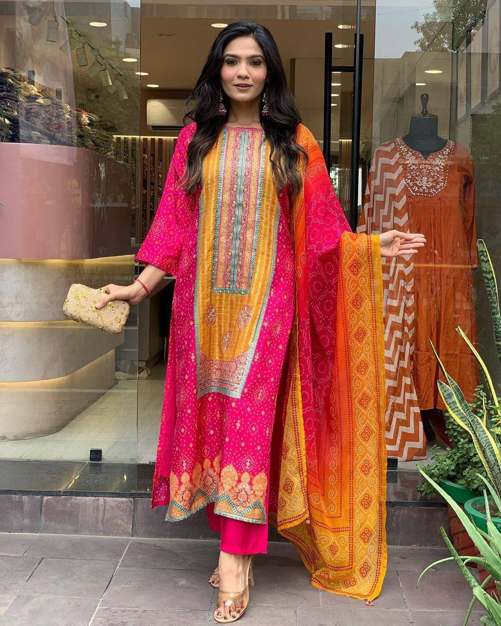 Elegant Pink & Orange Traditional Suit with Embroidery