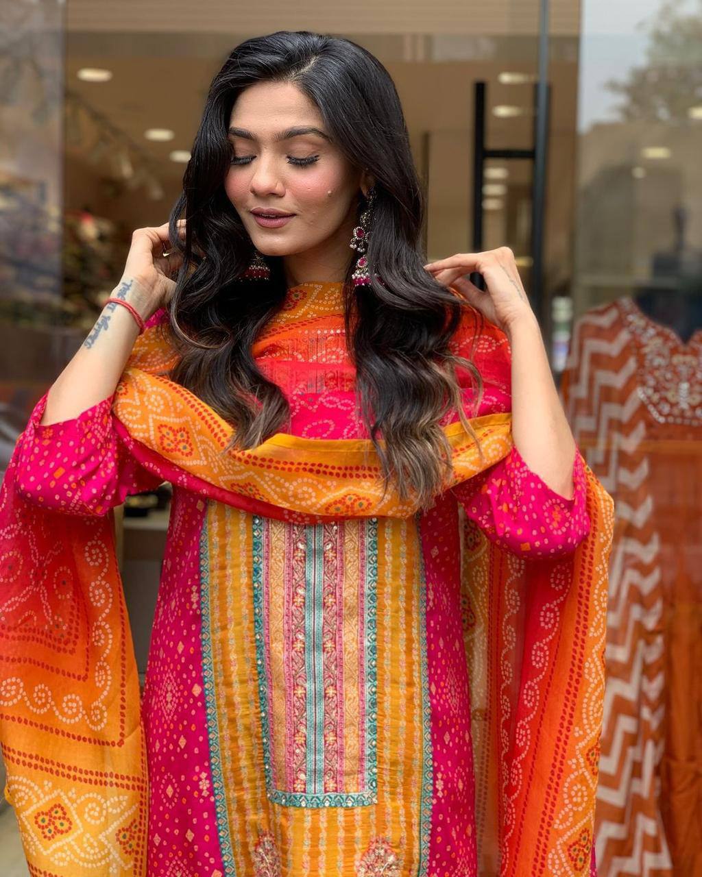 Elegant Pink & Orange Traditional Suit with Embroidery