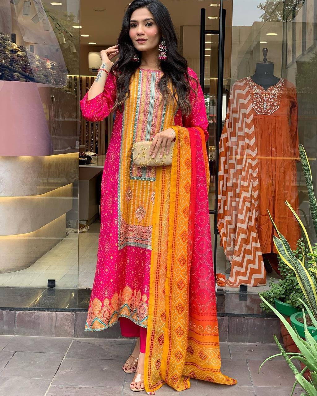 Elegant Pink & Orange Traditional Suit with Embroidery