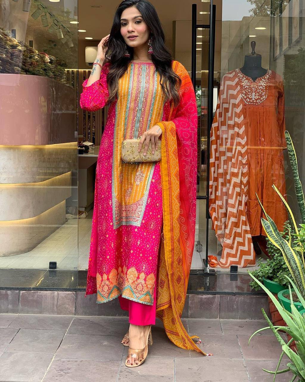 Elegant Pink & Orange Traditional Suit with Embroidery