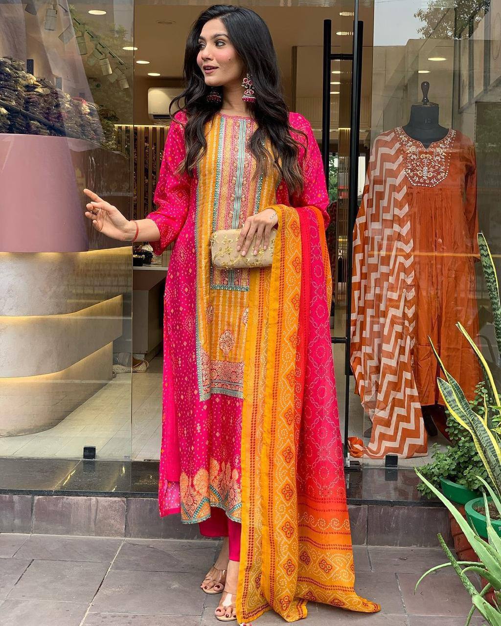 Elegant Pink & Orange Traditional Suit with Embroidery