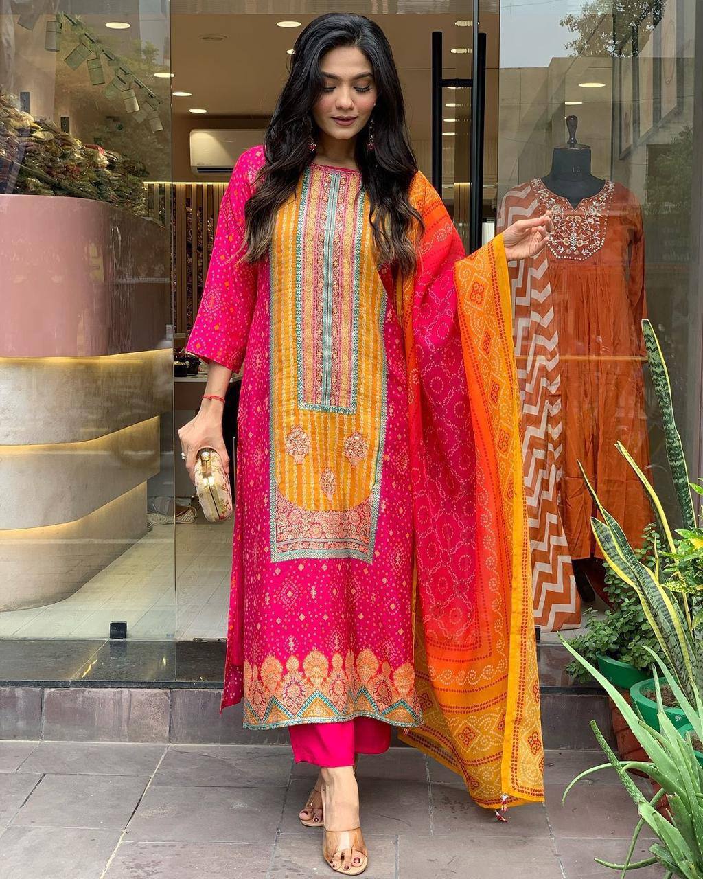 Elegant Pink & Orange Traditional Suit with Embroidery