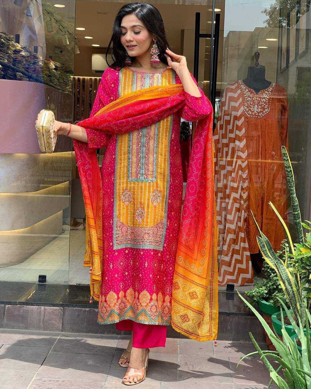 Elegant Pink & Orange Traditional Suit with Embroidery