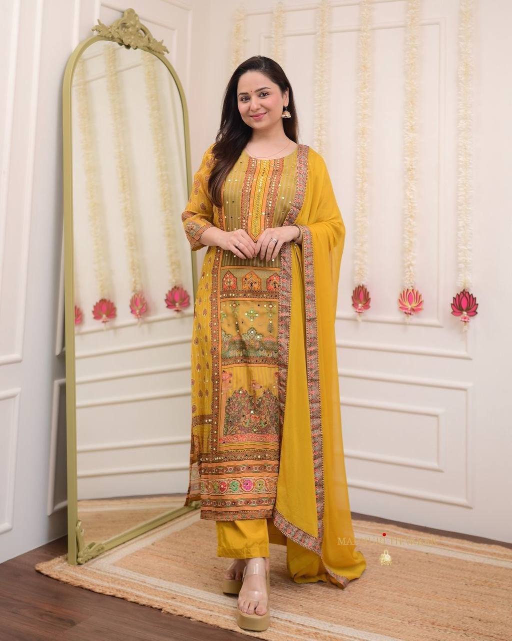 "Mustard Yellow Printed Suit Set with Intricate Mirror Work – Ethnic Charm Collection"