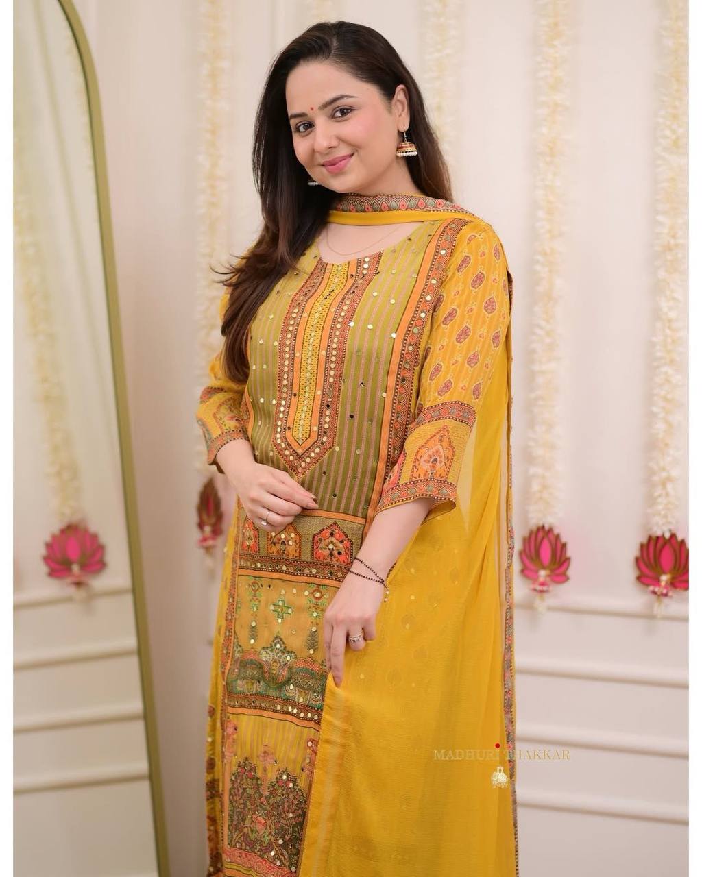 "Mustard Yellow Printed Suit Set with Intricate Mirror Work – Ethnic Charm Collection"
