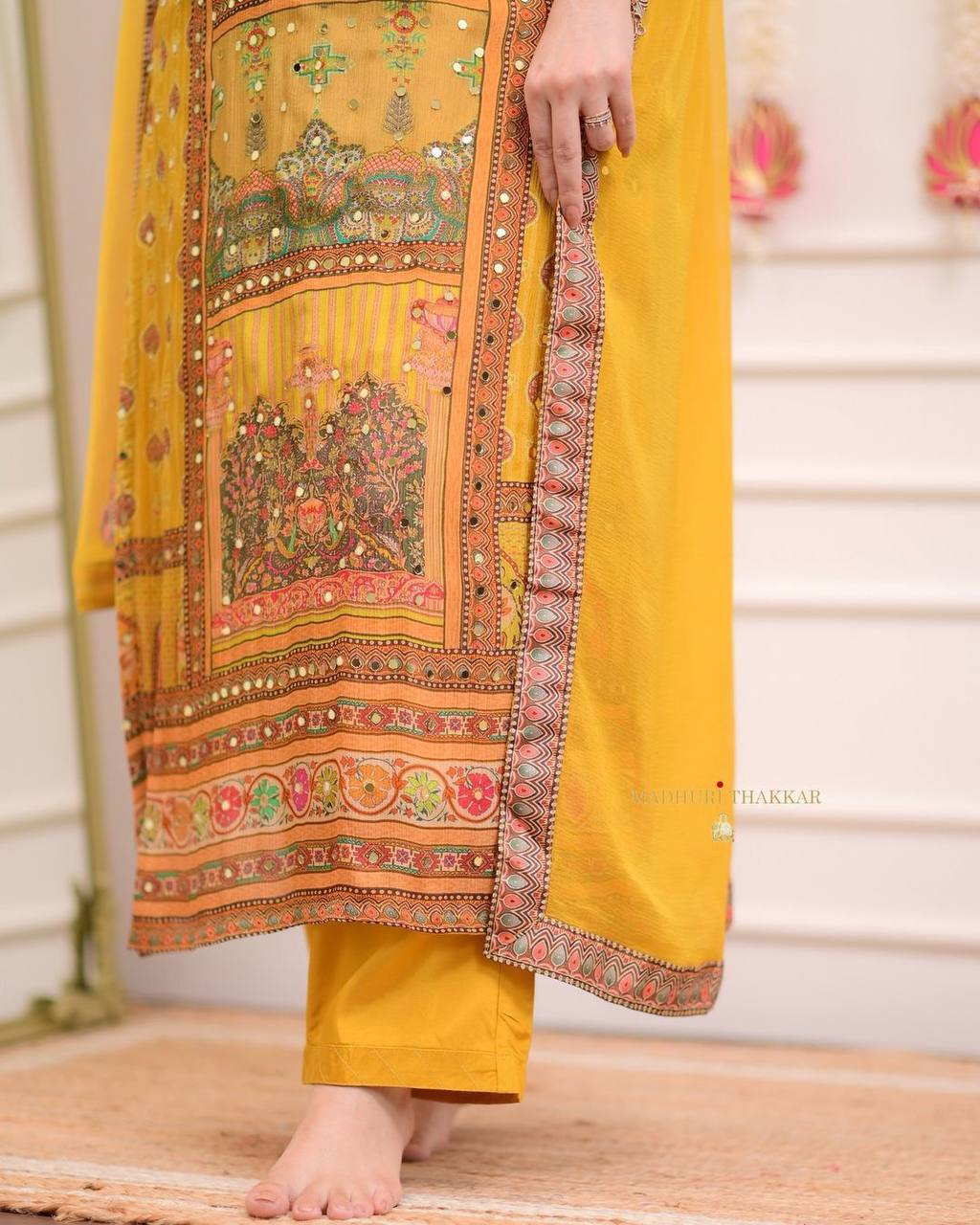 "Mustard Yellow Printed Suit Set with Intricate Mirror Work – Ethnic Charm Collection"
