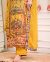 "Mustard Yellow Printed Suit Set with Intricate Mirror Work – Ethnic Charm Collection"
