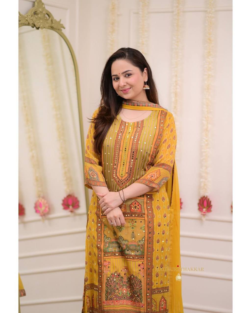 "Mustard Yellow Printed Suit Set with Intricate Mirror Work – Ethnic Charm Collection"