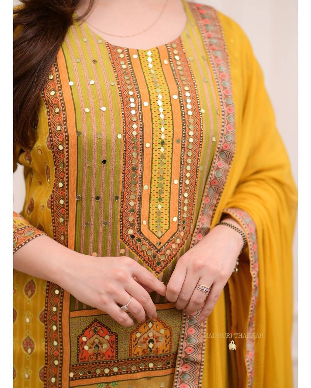 "Mustard Yellow Printed Suit Set with Intricate Mirror Work – Ethnic Charm Collection"