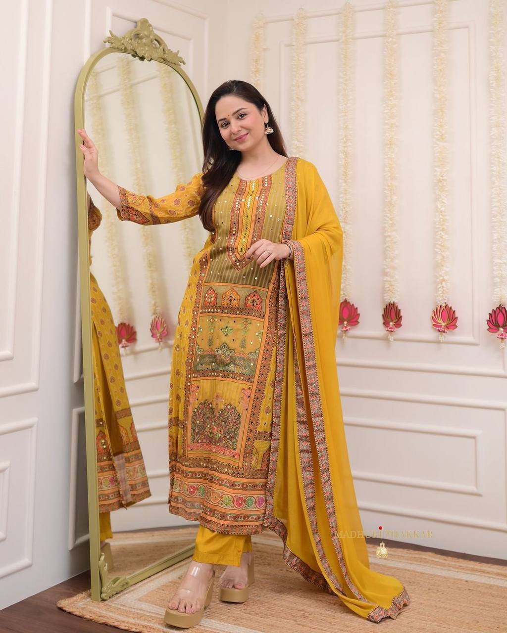 "Mustard Yellow Printed Suit Set with Intricate Mirror Work – Ethnic Charm Collection"