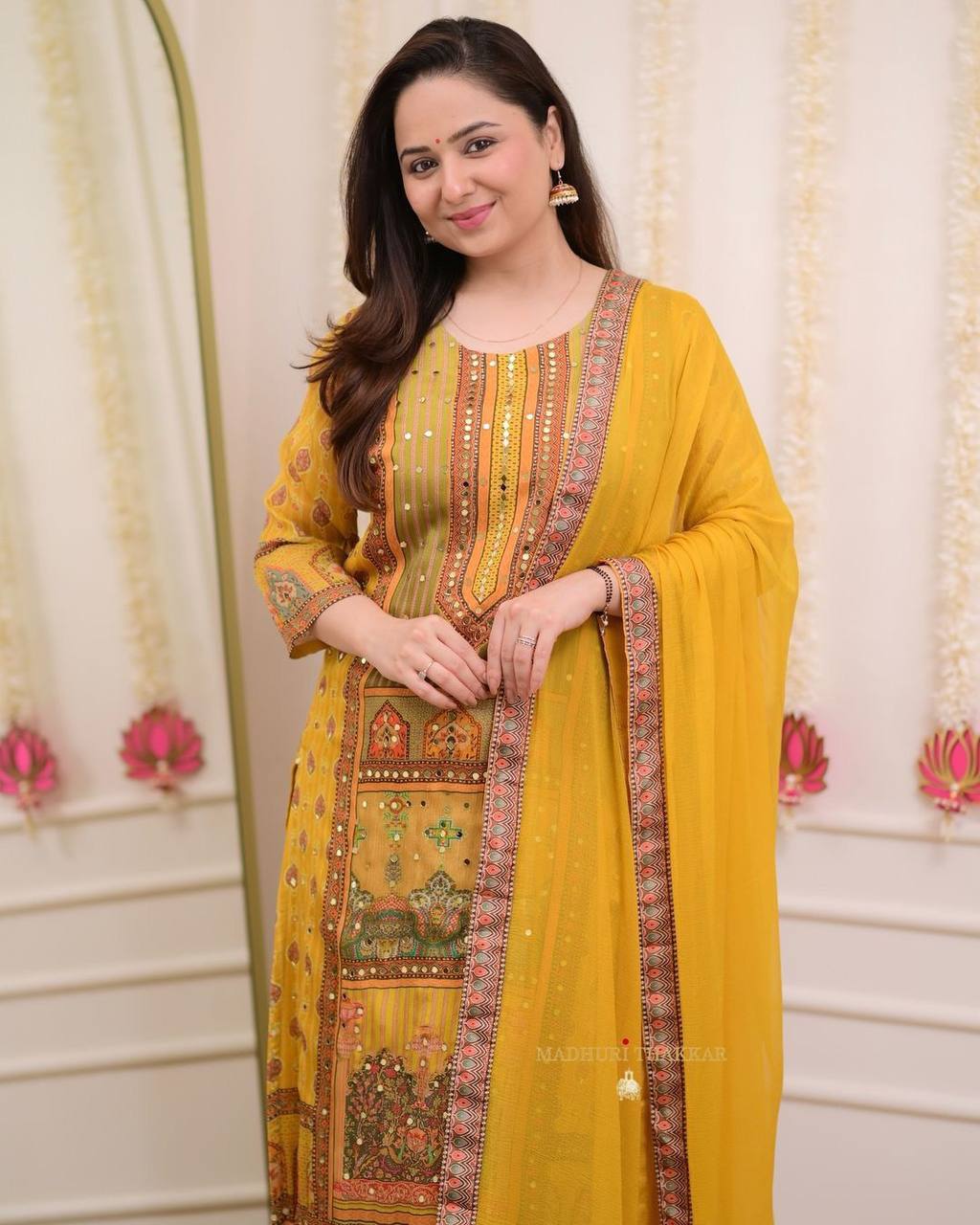 "Mustard Yellow Printed Suit Set with Intricate Mirror Work – Ethnic Charm Collection"