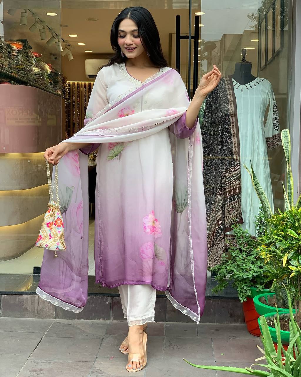Elegant Ombre Floral Embroidered Kurta with Dupatta