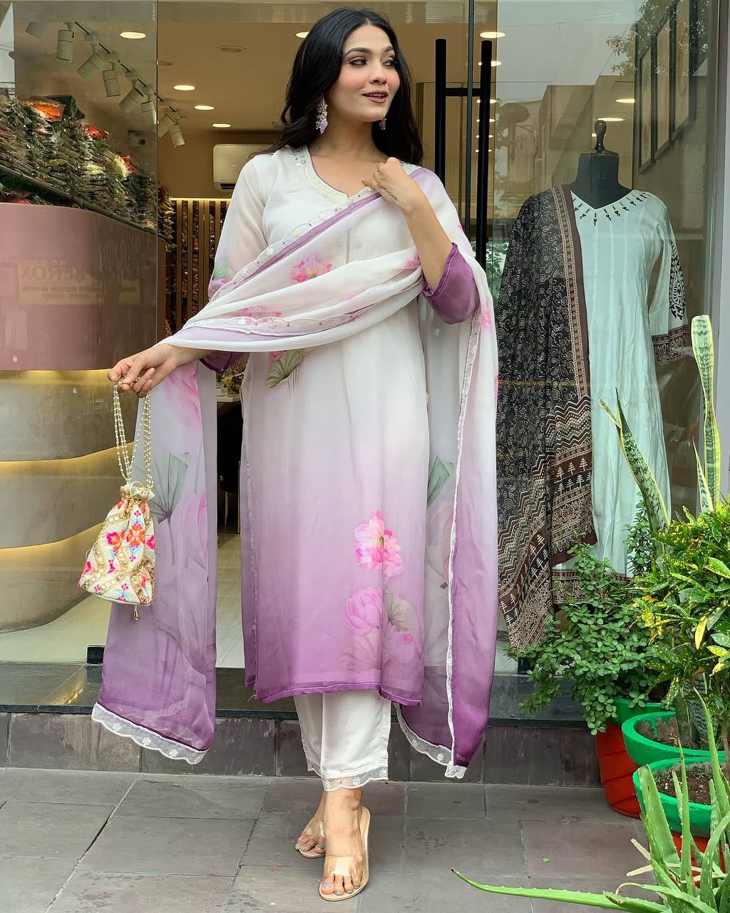 Elegant Ombre Floral Embroidered Kurta with Dupatta