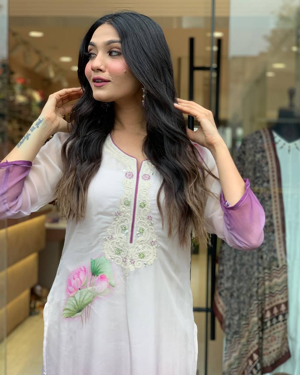 Elegant Ombre Floral Embroidered Kurta with Dupatta