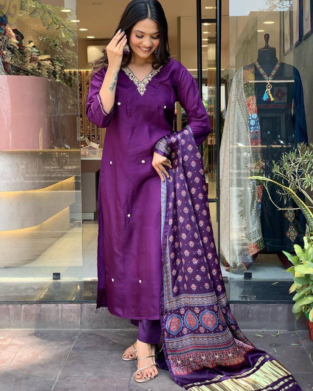 "Royal Purple Silk Suit with Embroidered Neckline & Printed Dupatta – Elegant Festive Wear"