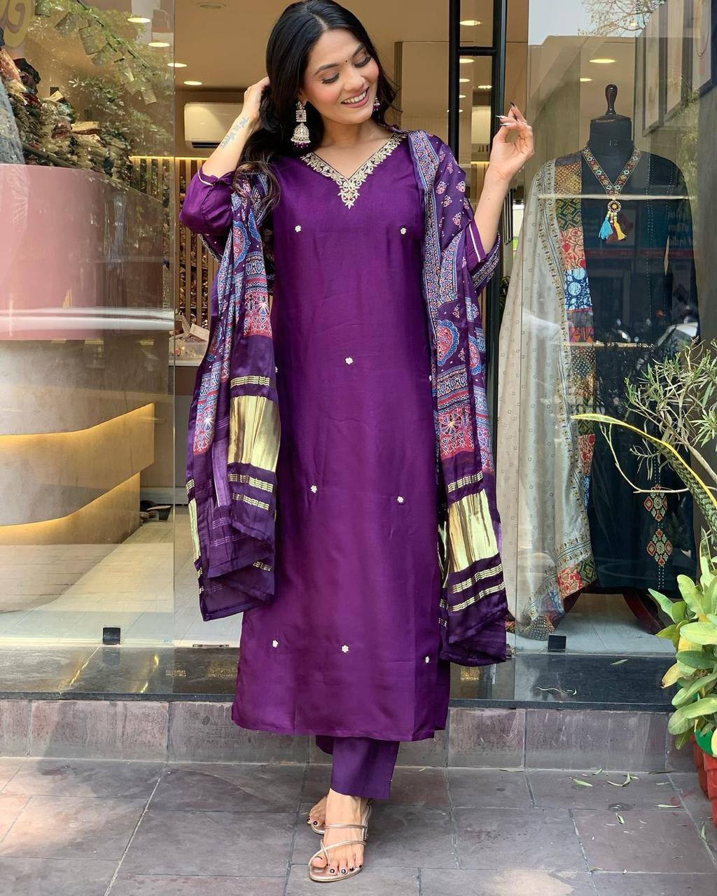 "Royal Purple Silk Suit with Embroidered Neckline & Printed Dupatta – Elegant Festive Wear"