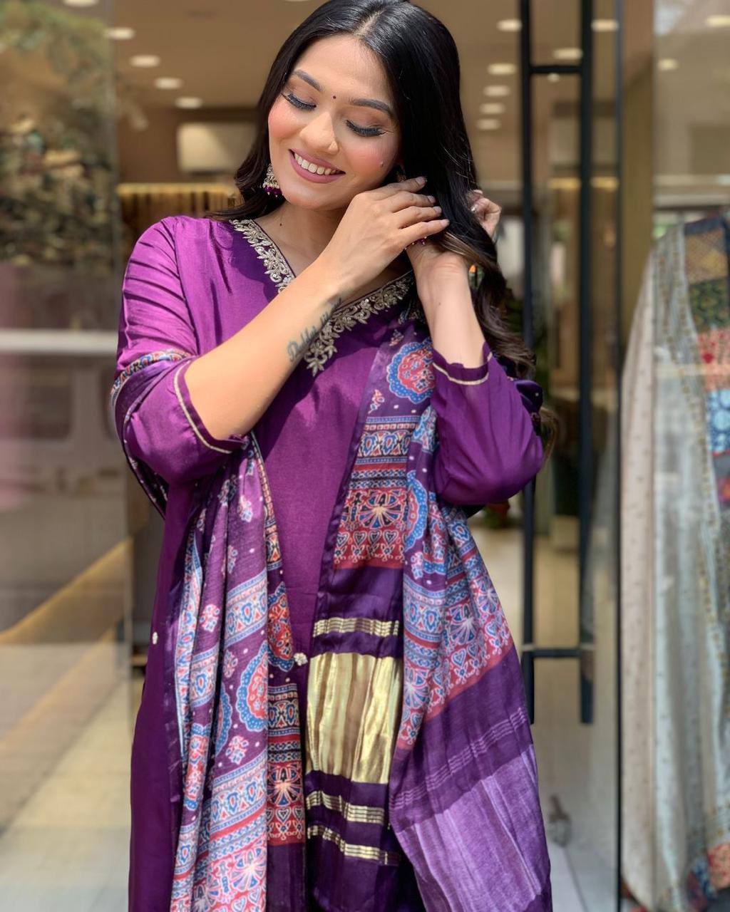 "Royal Purple Silk Suit with Embroidered Neckline & Printed Dupatta – Elegant Festive Wear"