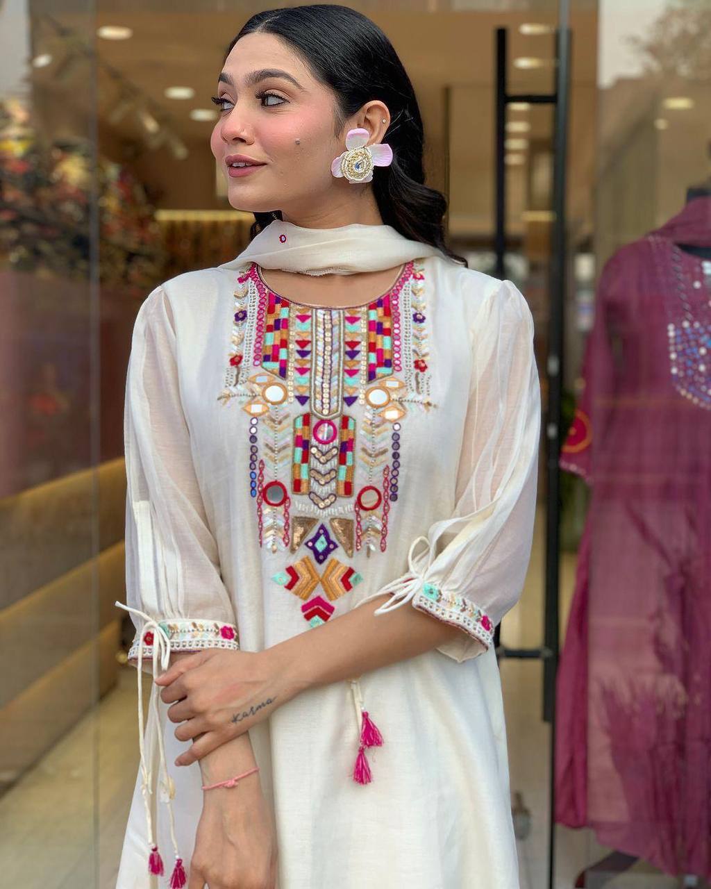 Traditional White Chikankari Suit with Colorful Detailing