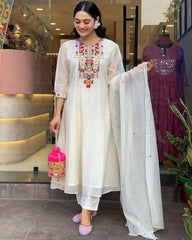 Traditional White Chikankari Suit with Colorful Detailing