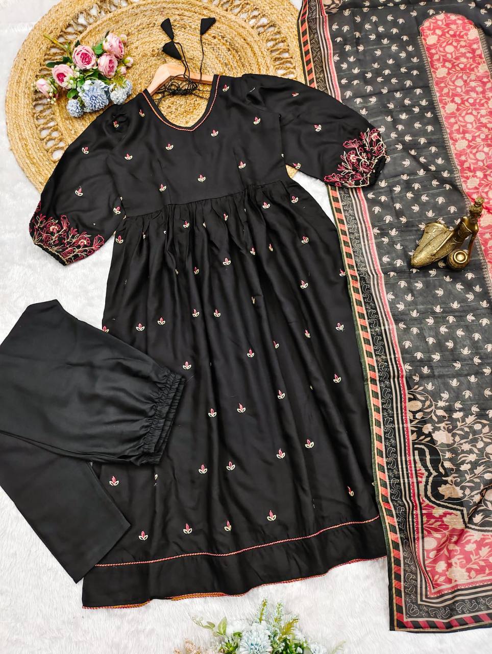 Elegant Black Embroidered Anarkali Suit
